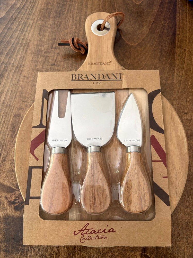 Brandani Cheese Serving Set Knife Spade Fork Board Stainless Steel Acacia Wood