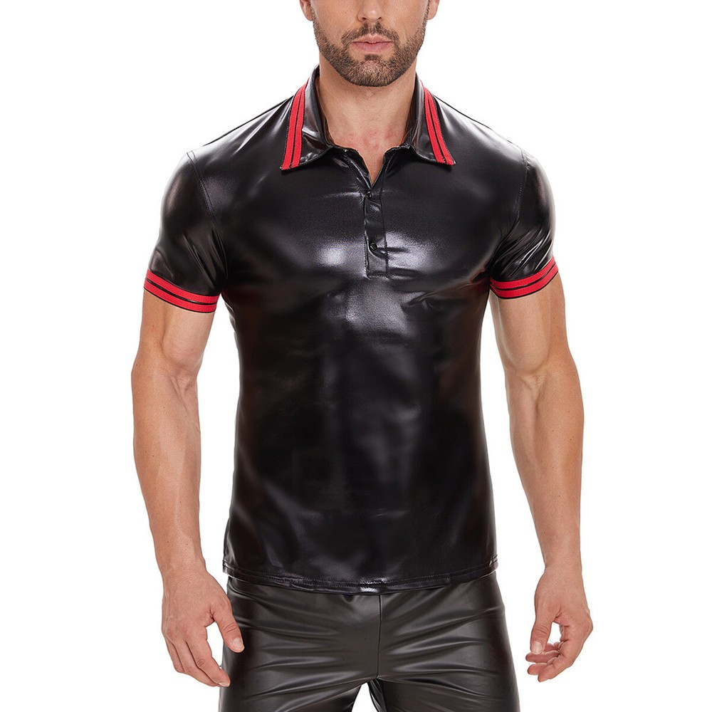 Mens Patent Leather Clubwear Tank Top Short Sleeve Undershirt