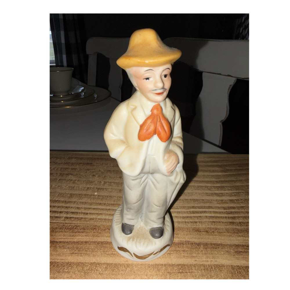 Ceramic Painted Figurine Man with Orange Hat and Tie, Beige Gray, People Theme