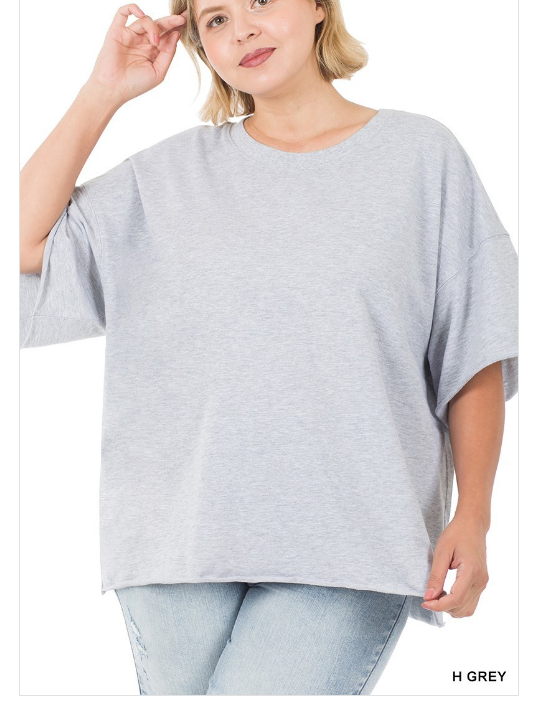 Zenana  2X French Terry Oversized Drop Shoulder Round Neck Raw Hem Tee H Gray