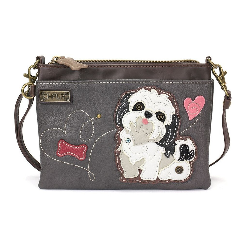 NEW CHALA GREY WHITE SHIH TZU DOG PUPPY MINI CROSSBODY CELL PHONE PURSE HEART