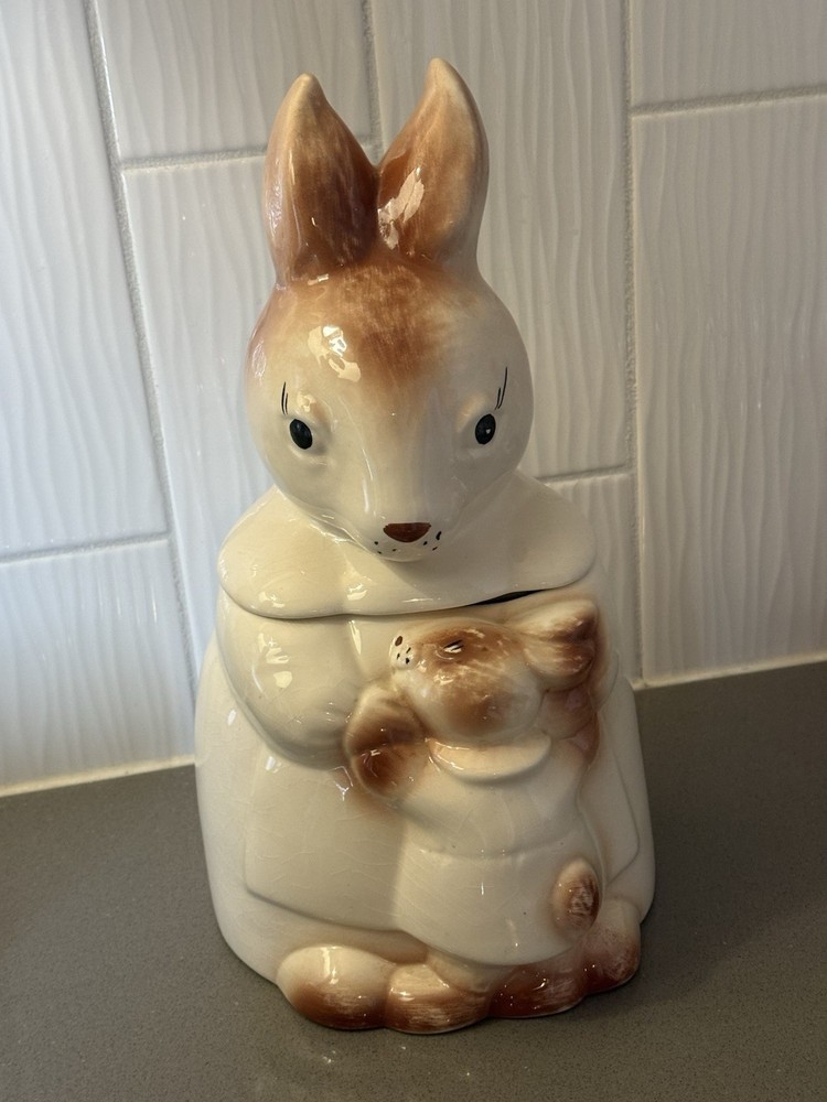 VTG 1950 Style Mama & Baby Rabbit Ceramic Cookie Jar 13”H Anthropomorphic VGUC