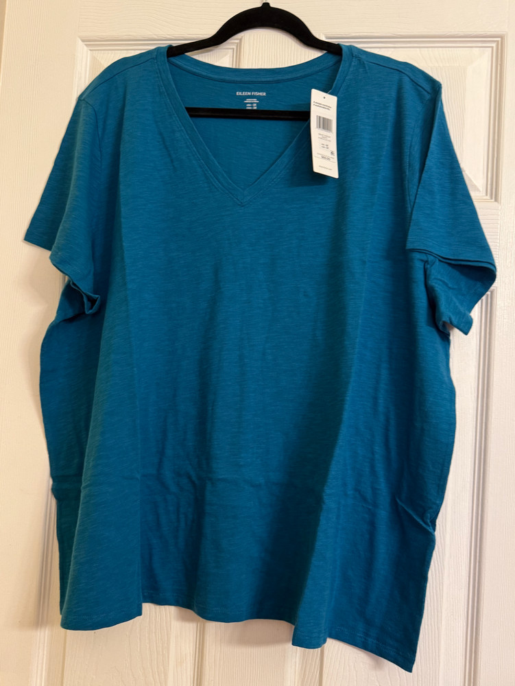 NWT $68 Eileen Fisher Dragenfly Organic Cotton Slubby Jersey V-Neck Tee 3X