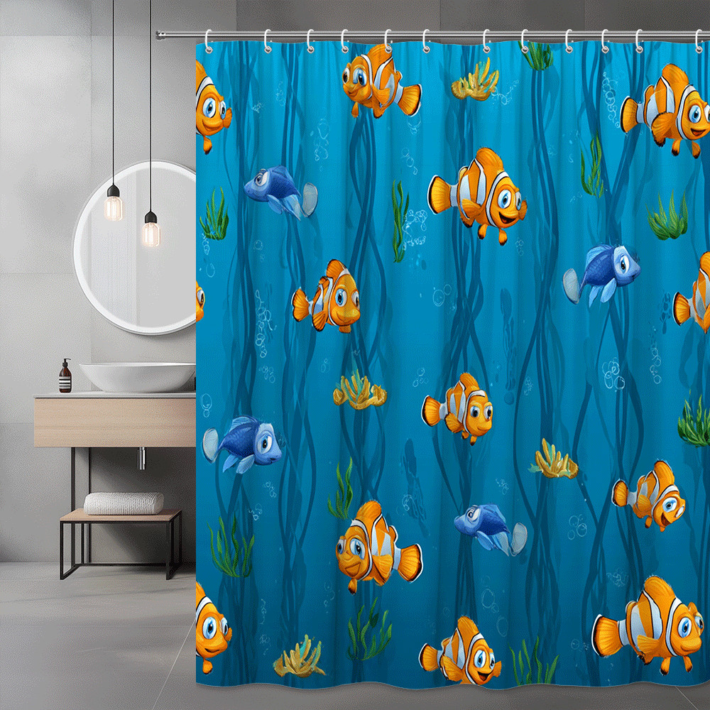 Clownfish Shower Curtain Ocean Fish Print Blue