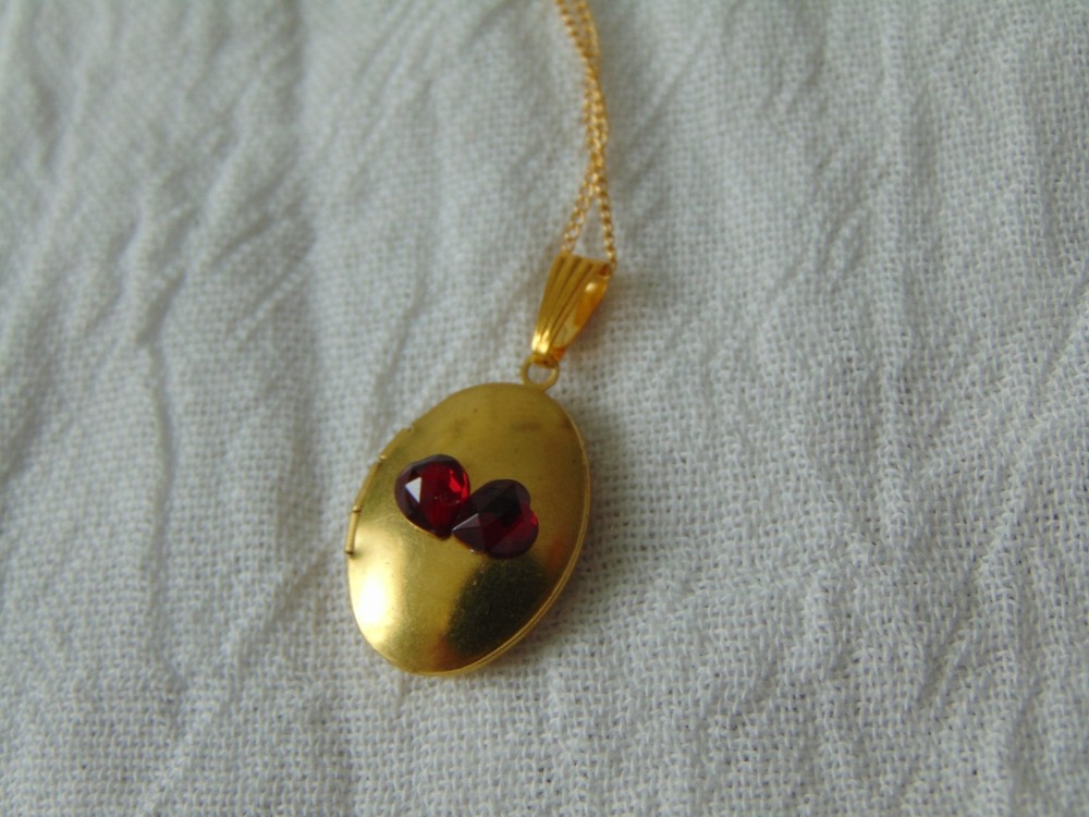 vintage red crystal hearts locket pendant necklace gold filled chain