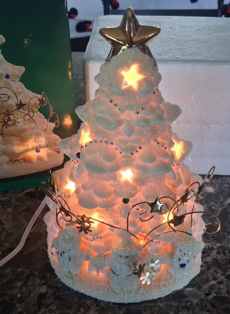 JC Penney Home Collection Bisque Holiday Light Up Christmas Tree Gold Accents