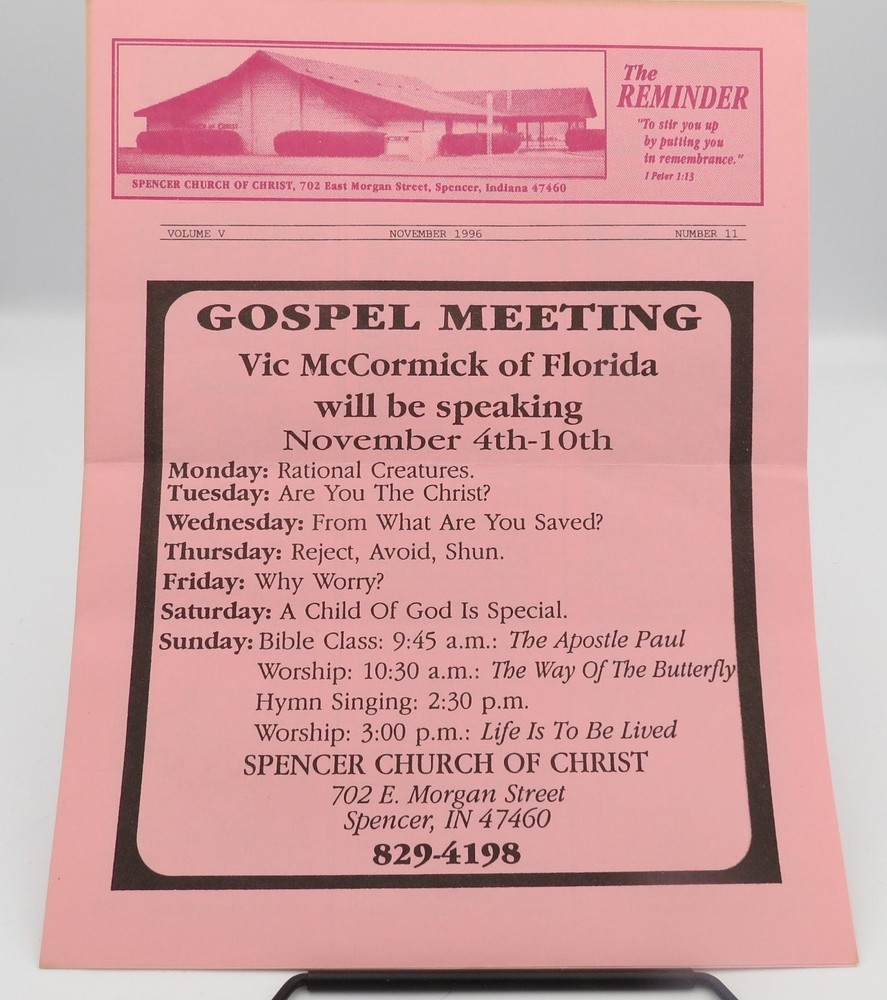 1996 Spencer Church of Christ Gospel Meeting Newsletter Indiana Ephemera