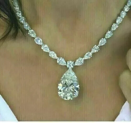25 CT Pear Cut Lab Created Diamond Women's Tennis Necklace 14K White Gold Plated