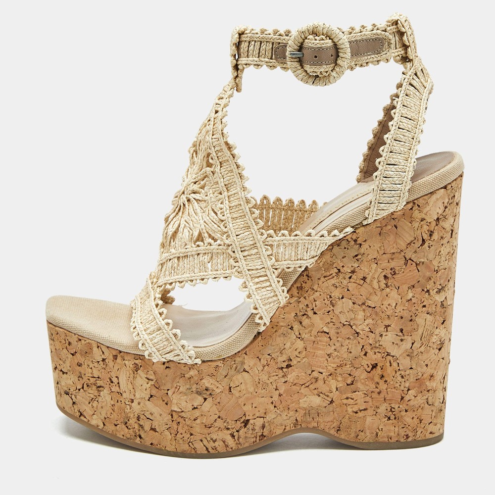 Paloma Barcelo Beige Raffia Cork Platform Wedge Sandals Size 41