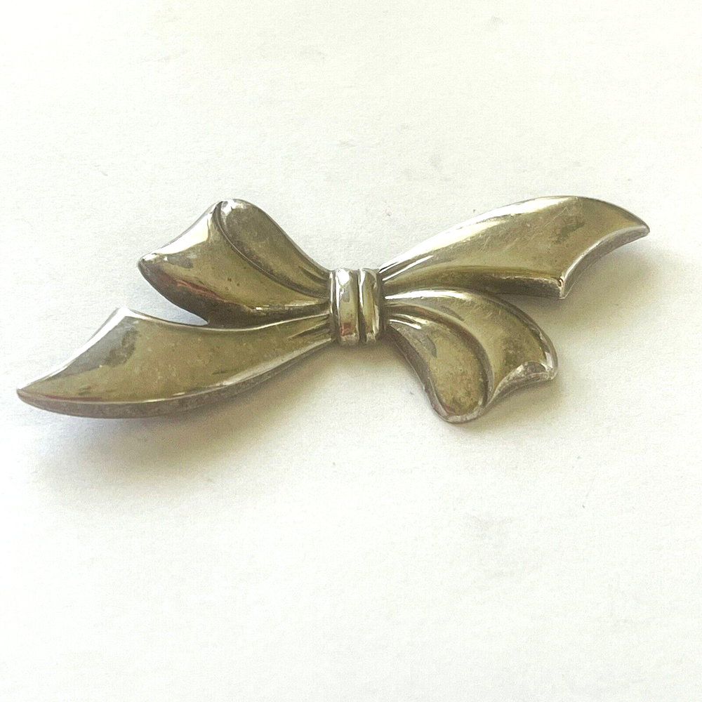 Sterling Silver Vintage Ribbon Bow Brooch Pin with Dimensional Knot 2.5x1.5 Inch