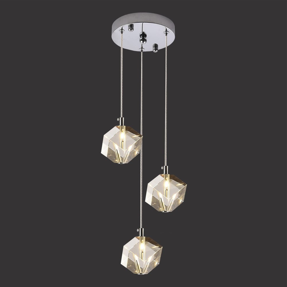 3-Light Modern Cube Crystal Pendant Chandelier Cluster Square Lighting Fixture