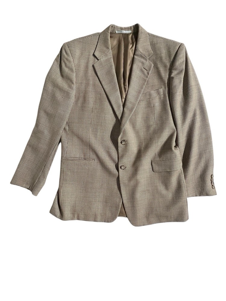 Hickey Freeman Sport Coat Mens 44R Houndstooth Tan Brown Worsted Wool Blazer