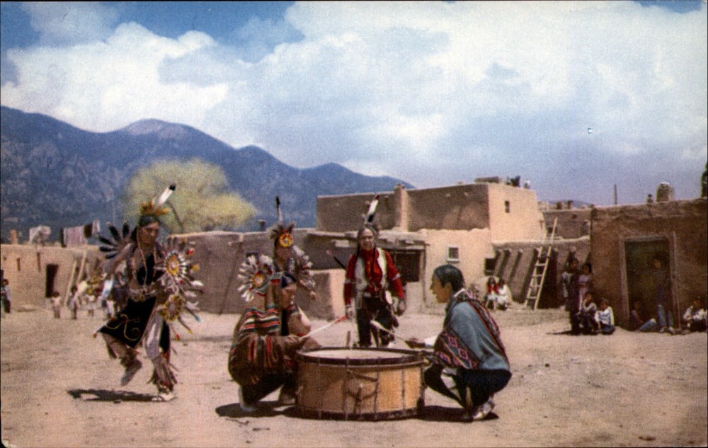 Taos New Mexico Native dancers full regalia large drum unused vintage postcard