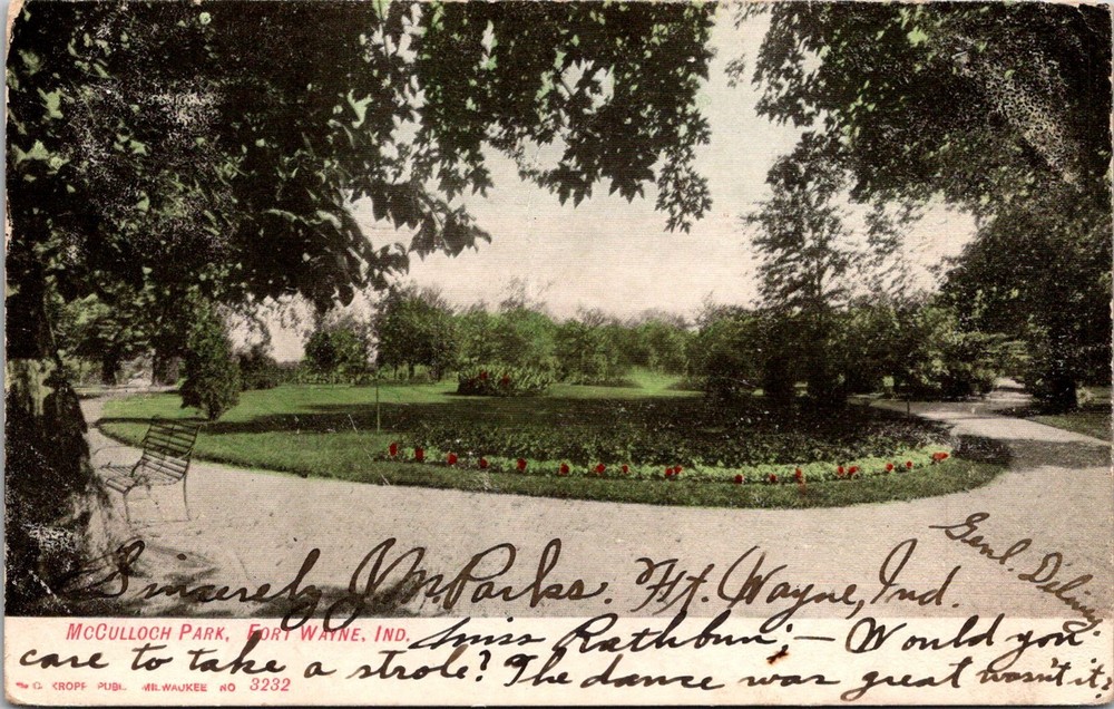 Dr Jim Stamps Postcard Mcchulloch Park Fort Wayne Indiana C1907 Undivided