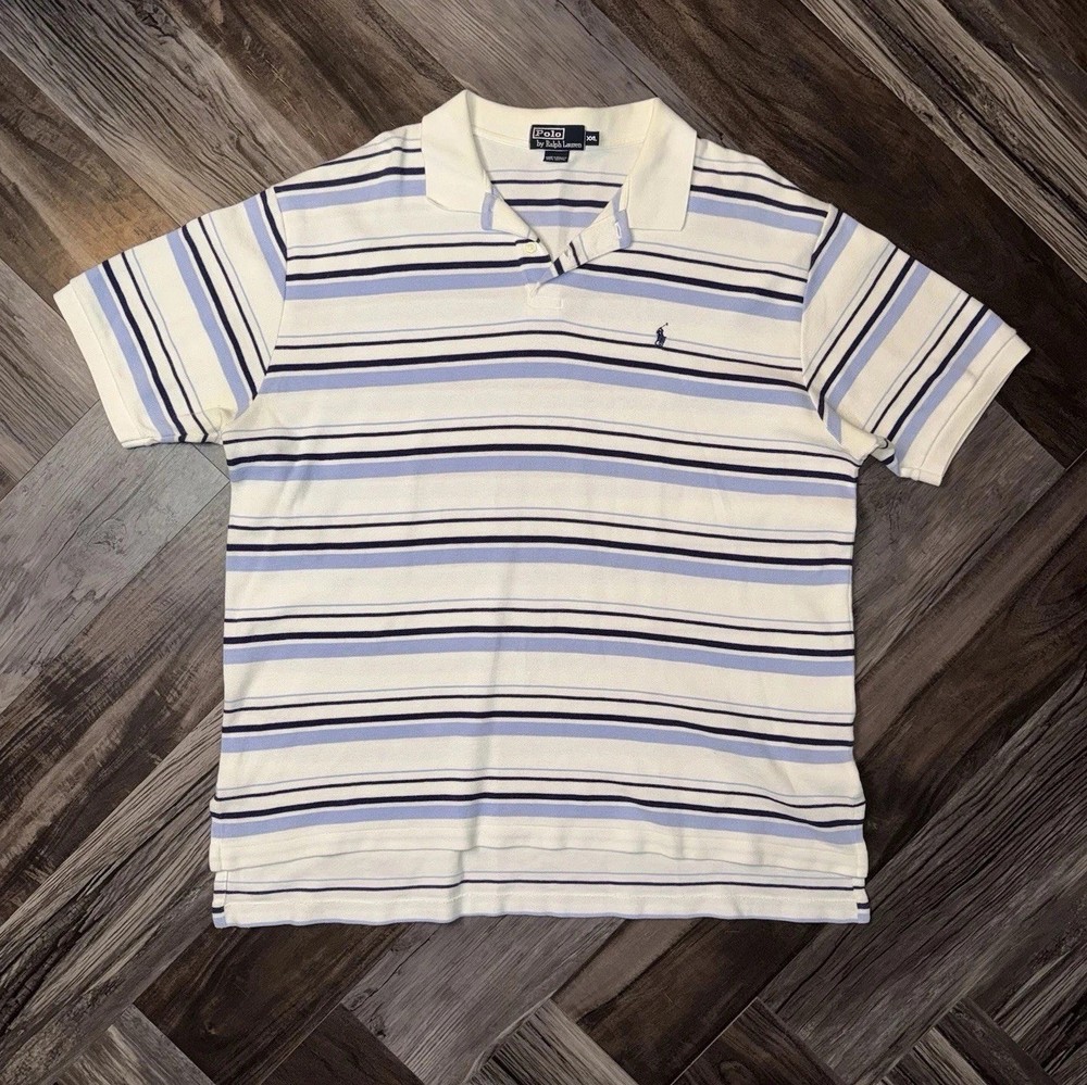 Polo Ralph Lauren Men's XXL Striped Cotton Polo Shirt Short Sleeve White Blue