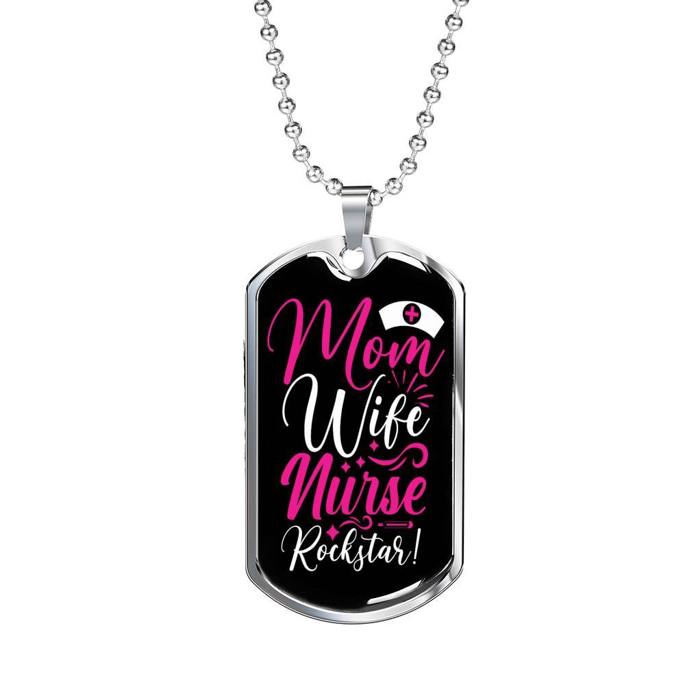 Mom Wife Nurse Rockstar Necklace Stainless Steel or 18k Gold Dog Tag 24