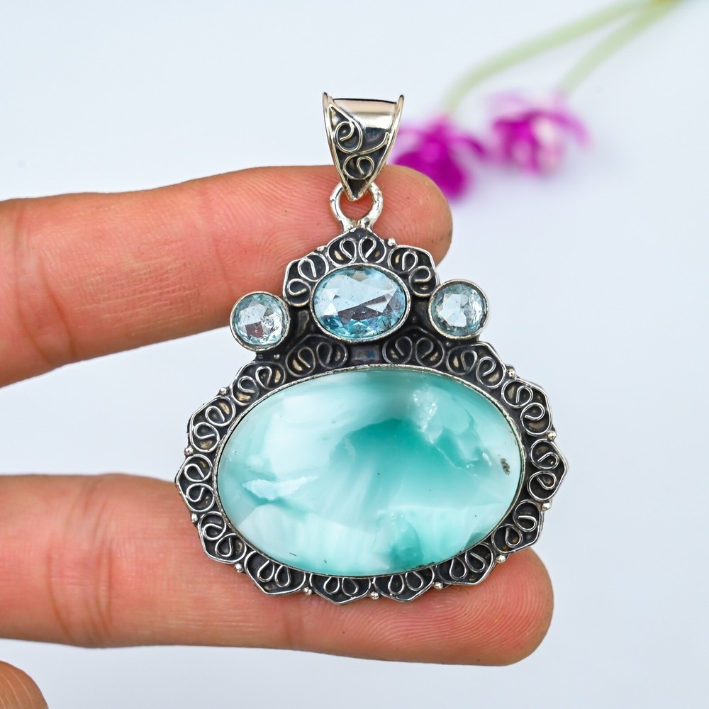 Larimar, Blue Topaz Gemstone Jewelry 925 Sterling Silver Pendant Birthday Gifts