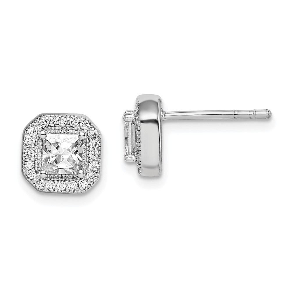 Sterling Silver Square Clear Center and Clear Cubic Zirconia Post Stud Earrings