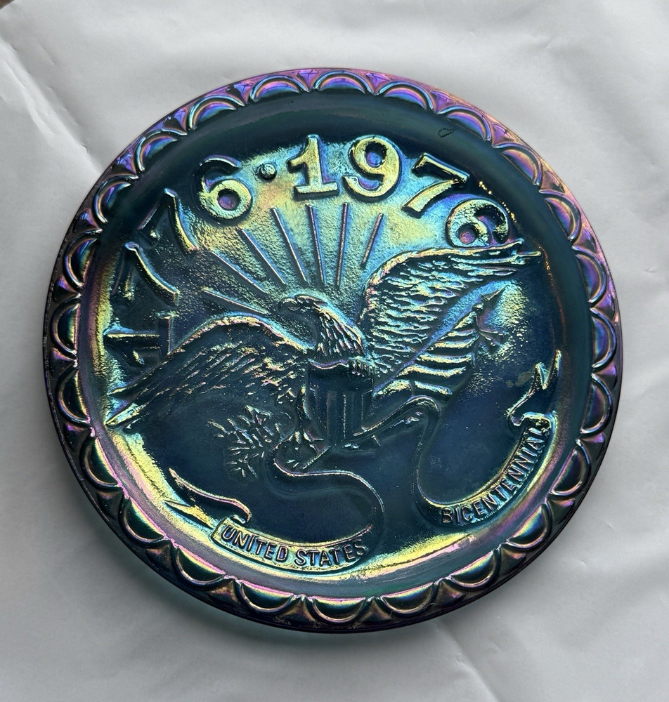 United States Bicentennial 1976 Carnival Glass Iridescent Blue Collector Plate