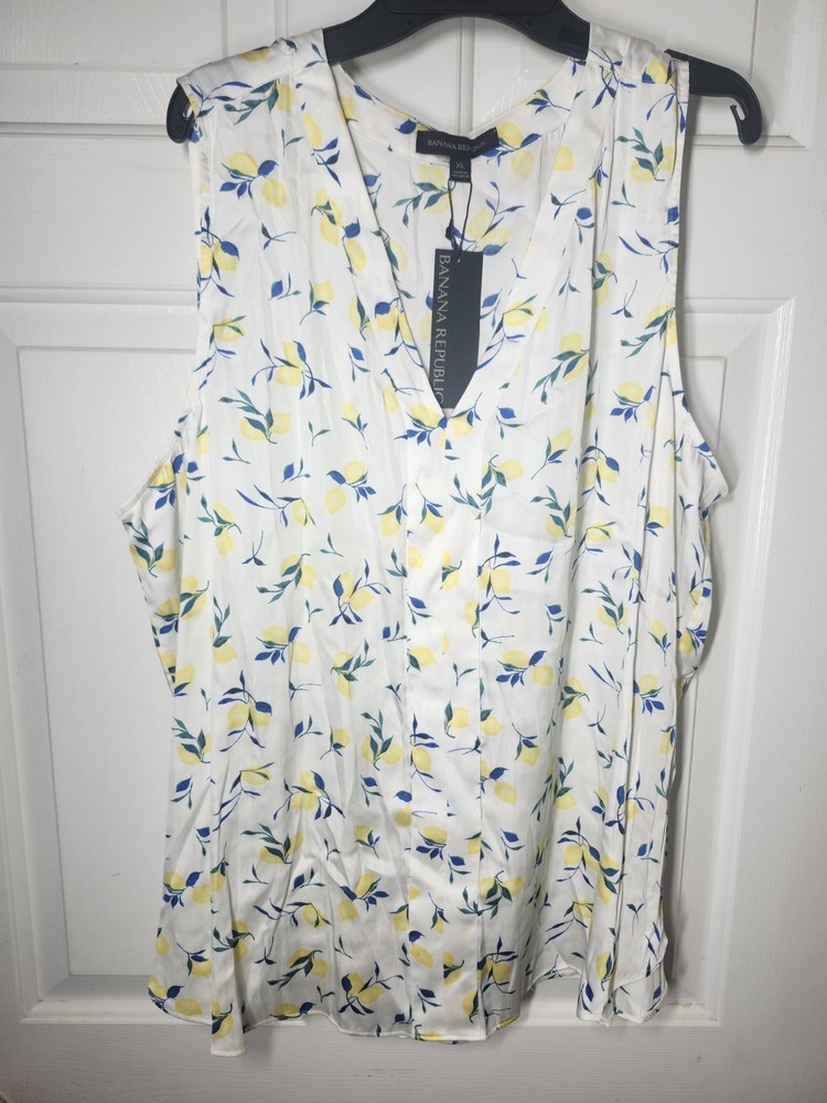 Banana Republic Sunny Yellow Lemon White Sleeveless V-Neck Blouse Tank Top XL