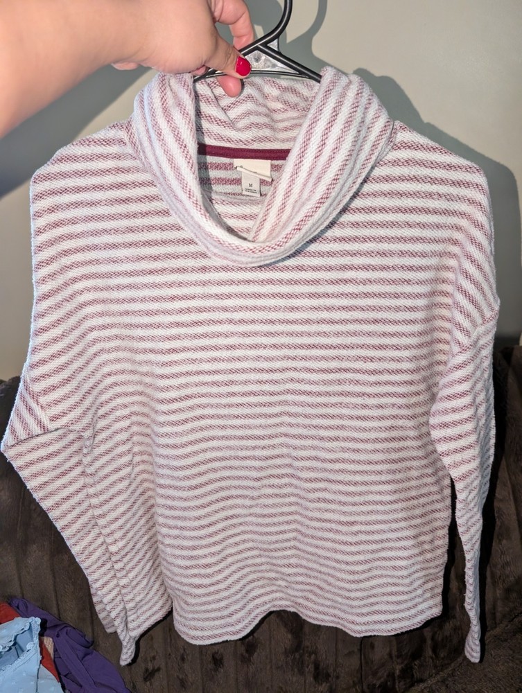 A New Day Women’s White/Burgundy Striped Knit Cowl Neck Pullover Sweater M