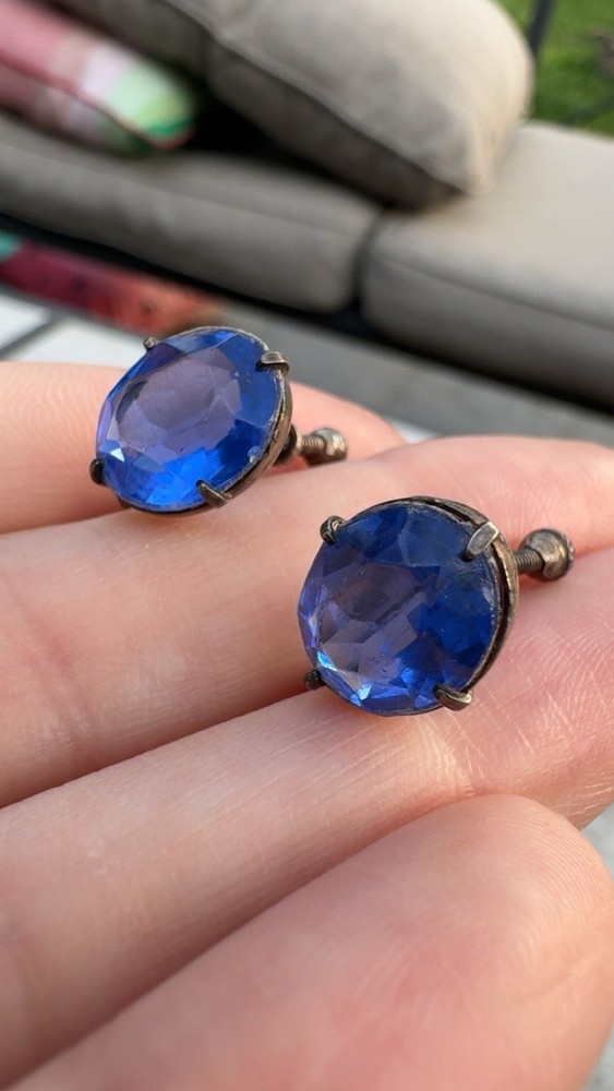 Vintage Blue Glass Stamped Sterling Silver Screwback Earrings