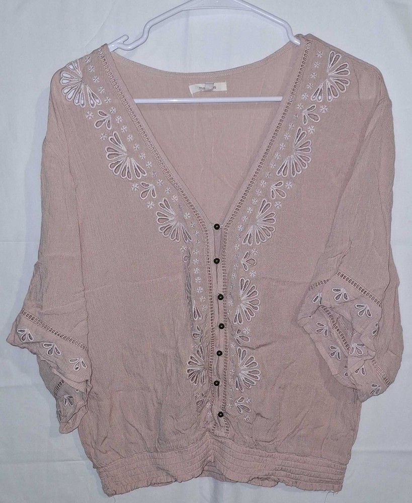 Maurices Blouse Womens Medium Blush Embroidered Boho Peasant Smocked Hem Top
