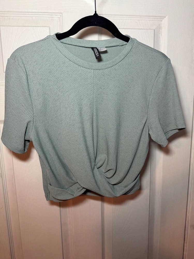 H&M Divided Ribbed Twist Front Crop Top Sage Green Size M