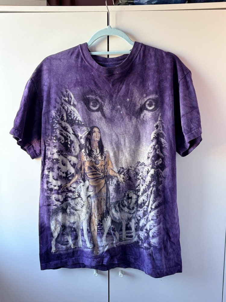 The Mountain Purple Tie Dye Wolf & Native American Graphic T-Shirt - Medium