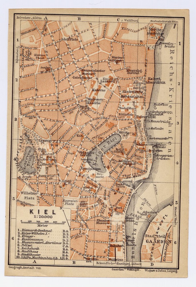 1910 Original Antique City Map Of Kiel / Schleswig-Holstein / Germany