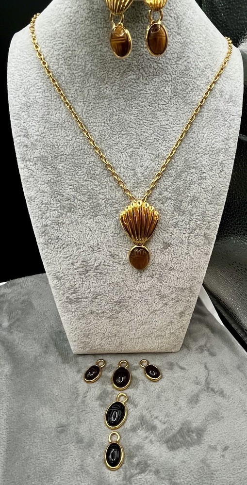 Egyptian style Carved scarab & Gold Tone Shell Interchangeable Necklace Set 12pc