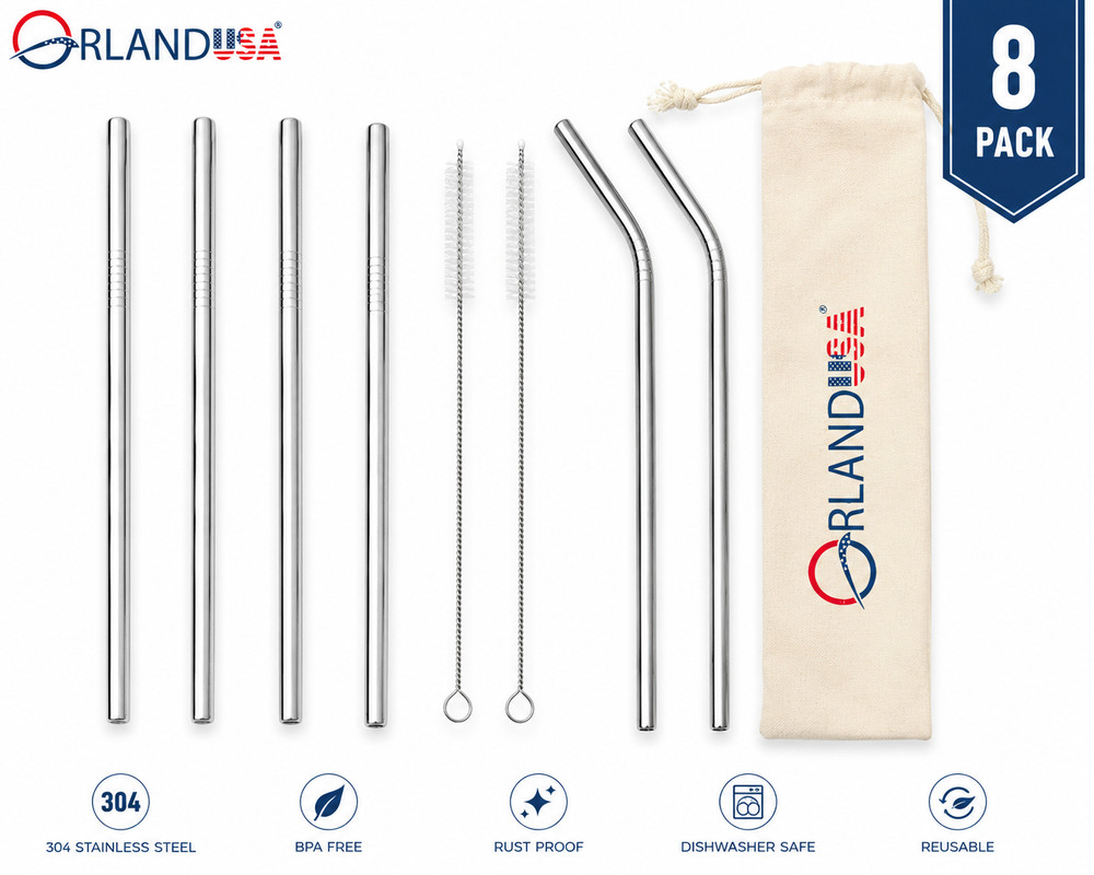8 Pack Stainless Steel Reusable Drinking Straws Set with Cleaning Brushes