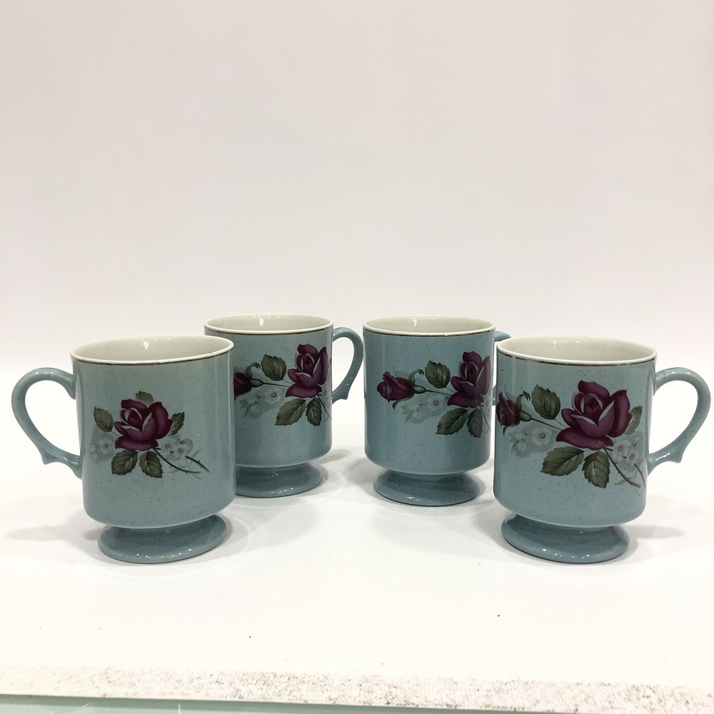 Vintage Set of 4 Colorful burgundy Roses Pedestal Coffee Mug Cups Made In Japan