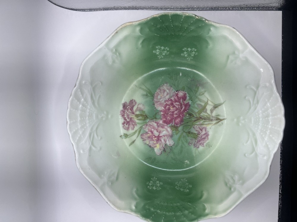 Antique Porcelain Bowl Dish Hand Painted Roses Green Pink Gold 9.75