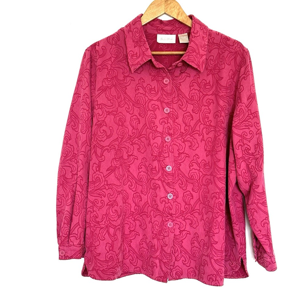 Studio Works Plus Shirt Women’s 1X Pink Geometric Button Up Long Sleeve Top
