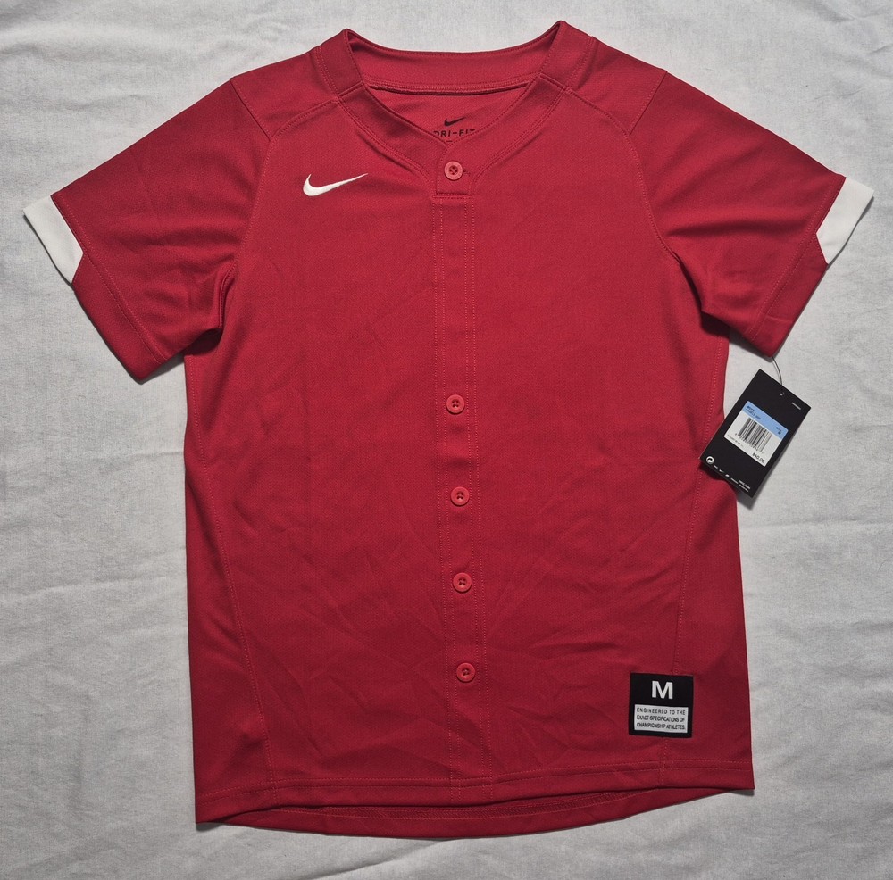 Nike Team Baseball Jersey NWT Youth Size Medium Red Button Front Dri-Fit Unisex