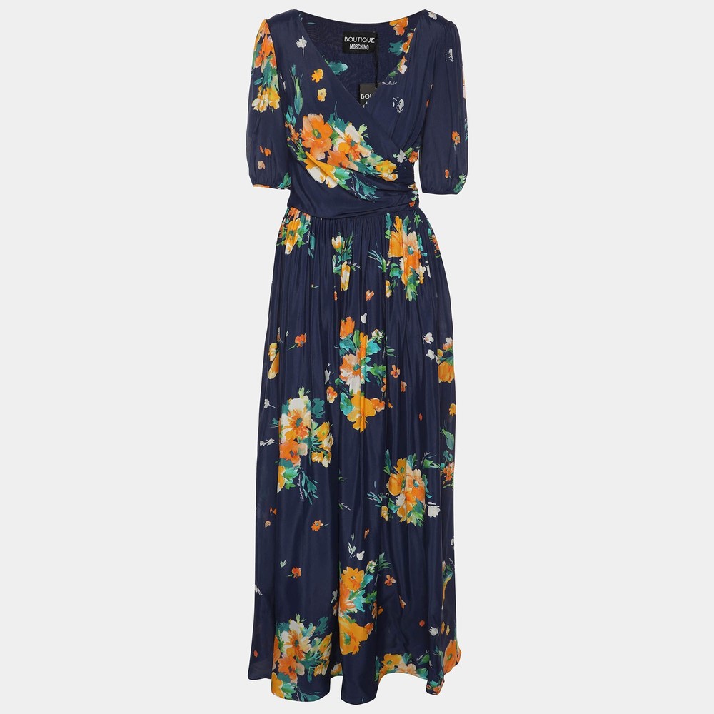 Boutique Moschino Blue Multicolor Floral Print Satin Wrap Maxi Dress M
