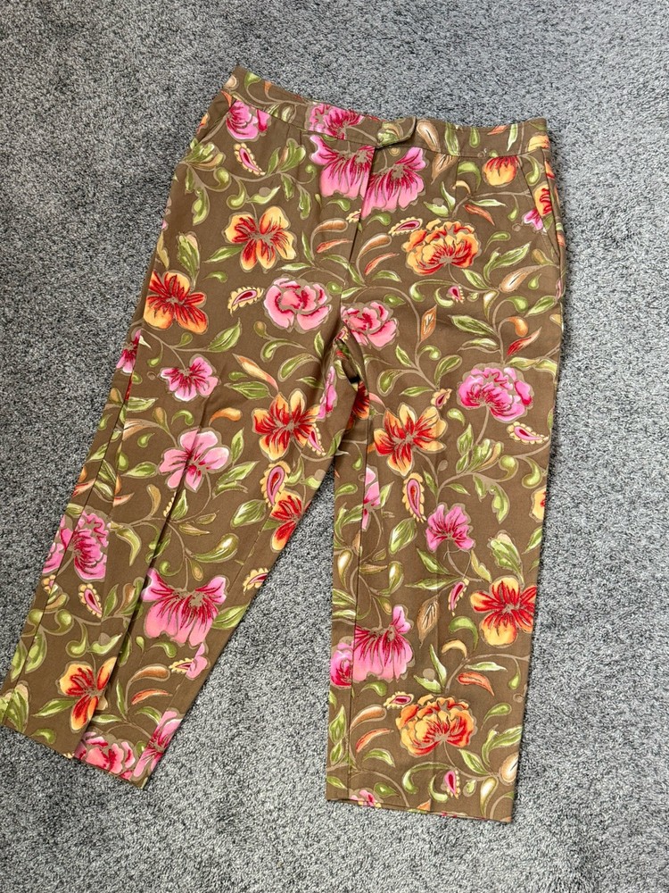 Talbots Petite 14 Floral Cropped Pants SZ 14P Tropical Cotton Stretch