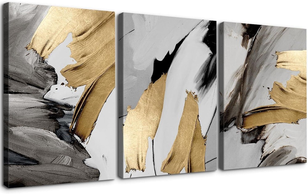 3 Piece Abstract Wall Art Grey and Yellow Paintings Minimalist Wall Decor Graff
