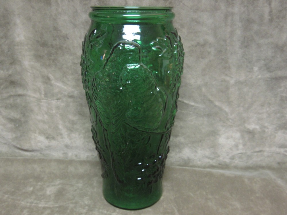 Vintage 1970's Indiana Glass Forest Green Color Parrot & Flowers Vase for Tiara