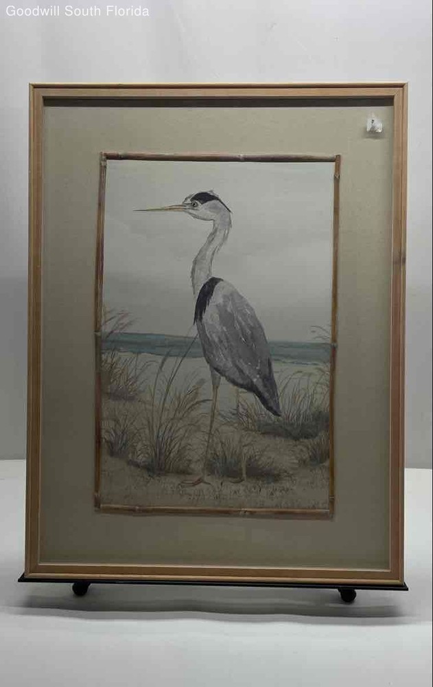 Coastal Heron Bird Illustration Print Framed And Matted Wall Decor Art