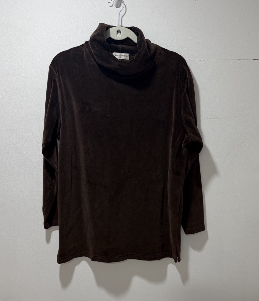 Jones New York Brown Velvet Turtleneck Long Sleeve Blouse LARGE Top Retro Y2K