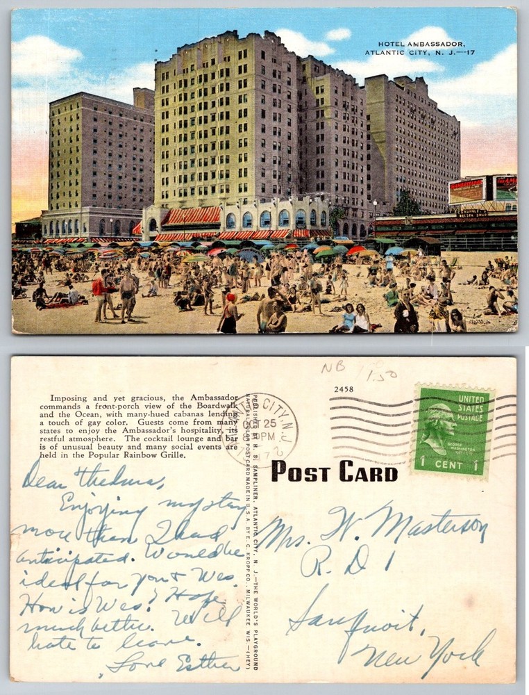 1927 Hotel Ambassador Atlantic City NJ Beach Crowd Vintage Postcard