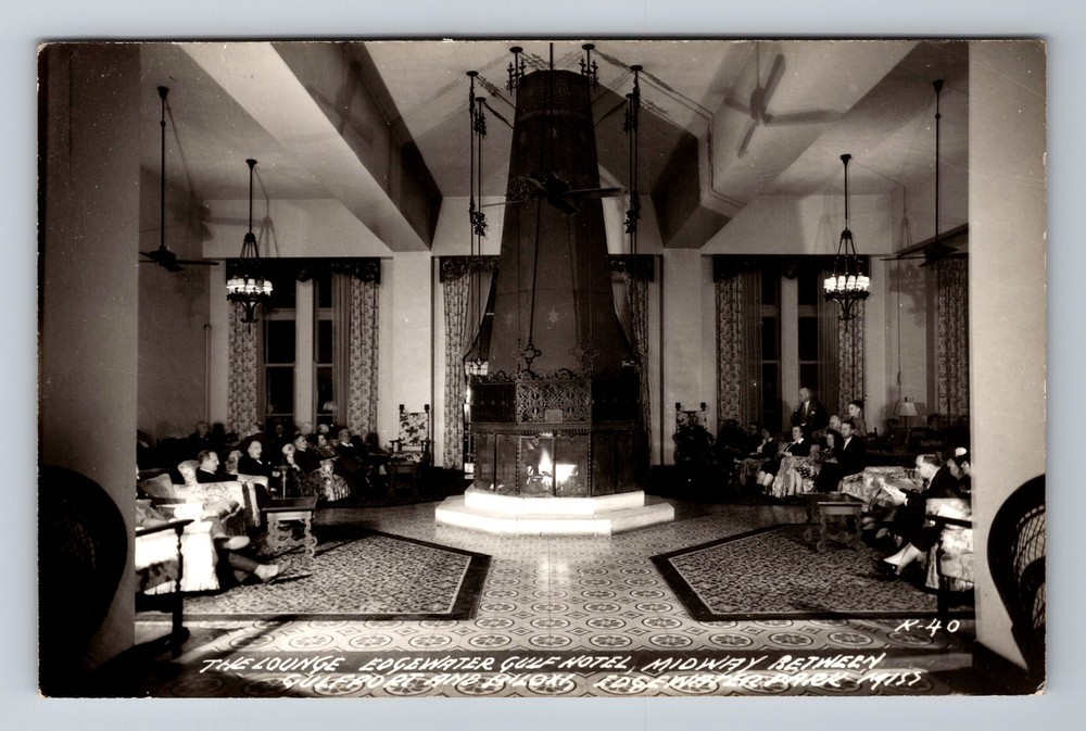 Edgewater Park MS-Mississippi, RPPC Edgewater Gulf Hotel Lobby Vintage Postcard