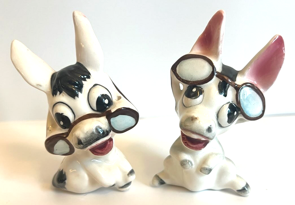 Vtg Ceramic Donkey Salt & Pepper Shakers Anthropomorphic Eyeglasses Kitsch Japan