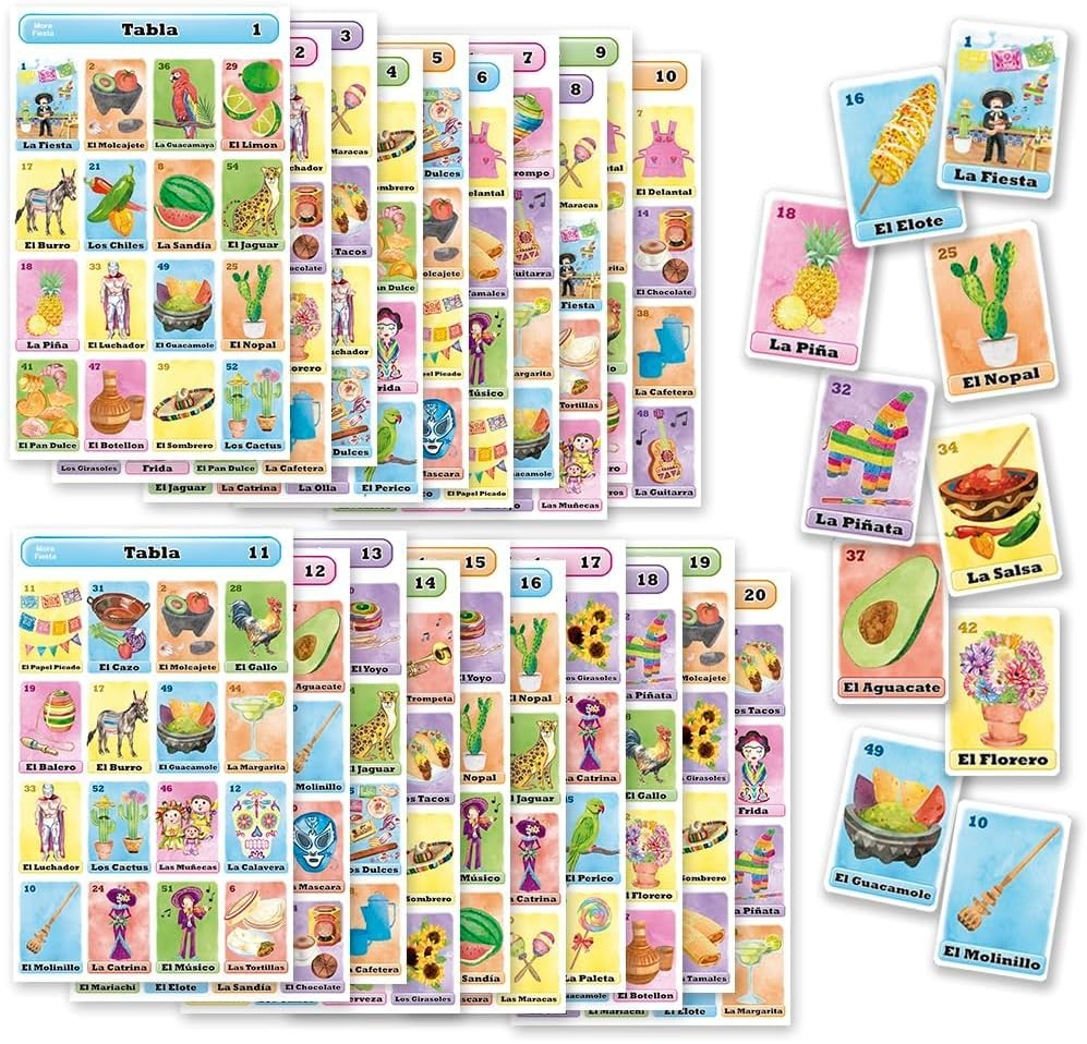 Loteria Fiesta Mexican Bingo Game Set in Spanish for 20 Players - 20 Playing ...