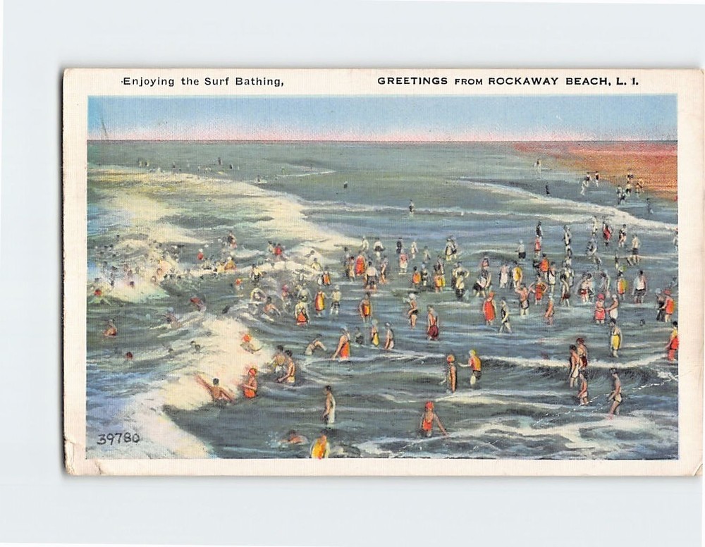 Postcard Beach Scene Greetings from from Rockaway Beach Queens New York USA