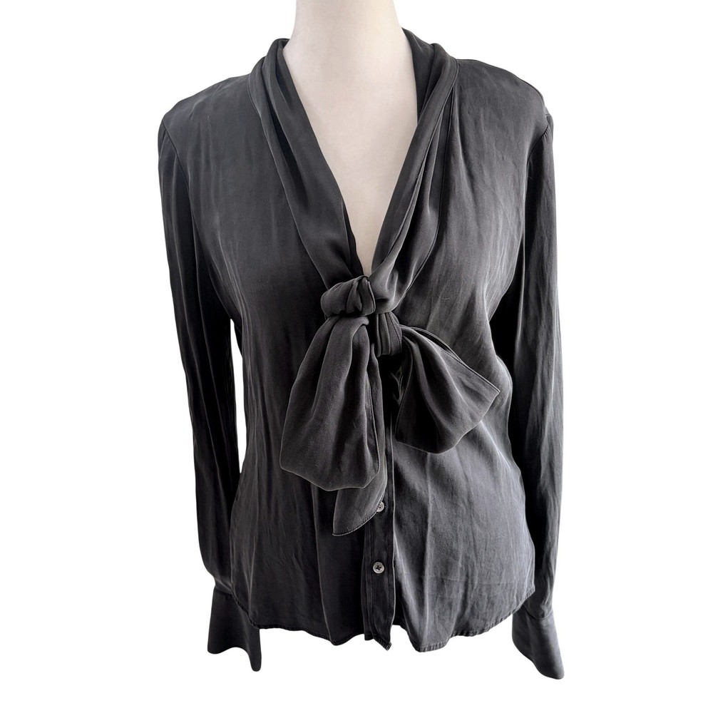 Rachel Zoe Tie Neck Blouse 6 Dark Academia Black Silk V-Neck Top Luxe Medium