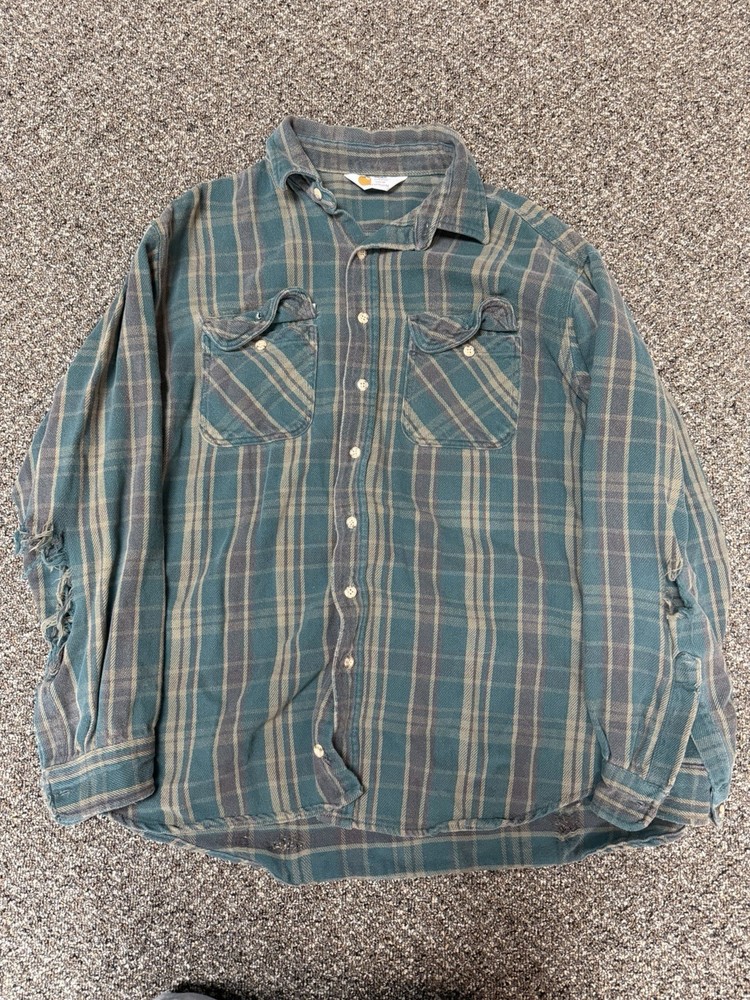 1990s Carhartt cotton Flannel Workwear Plaid Green Workwear Button Up Xl