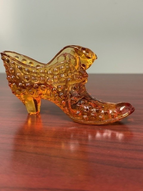 Vintage Fenton Hobnail Glass Amber Cat Head Slipper Shoe